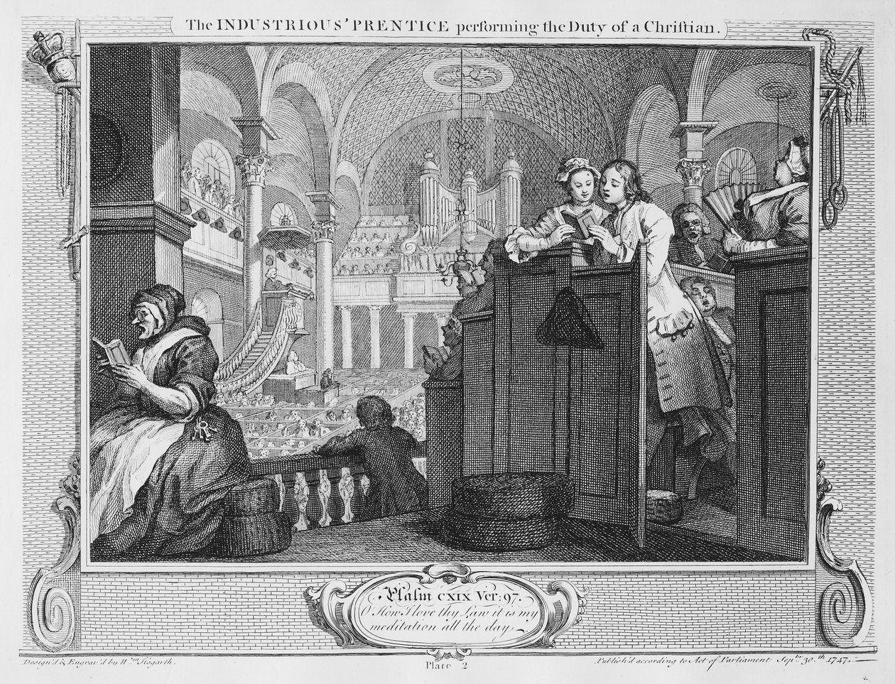 O Prentice Industrious &39;Realizando o Dever de um Cristão, prato II de&39; Indústria e Ociosidade &39;, 1747 (gravura) de William Hogarth