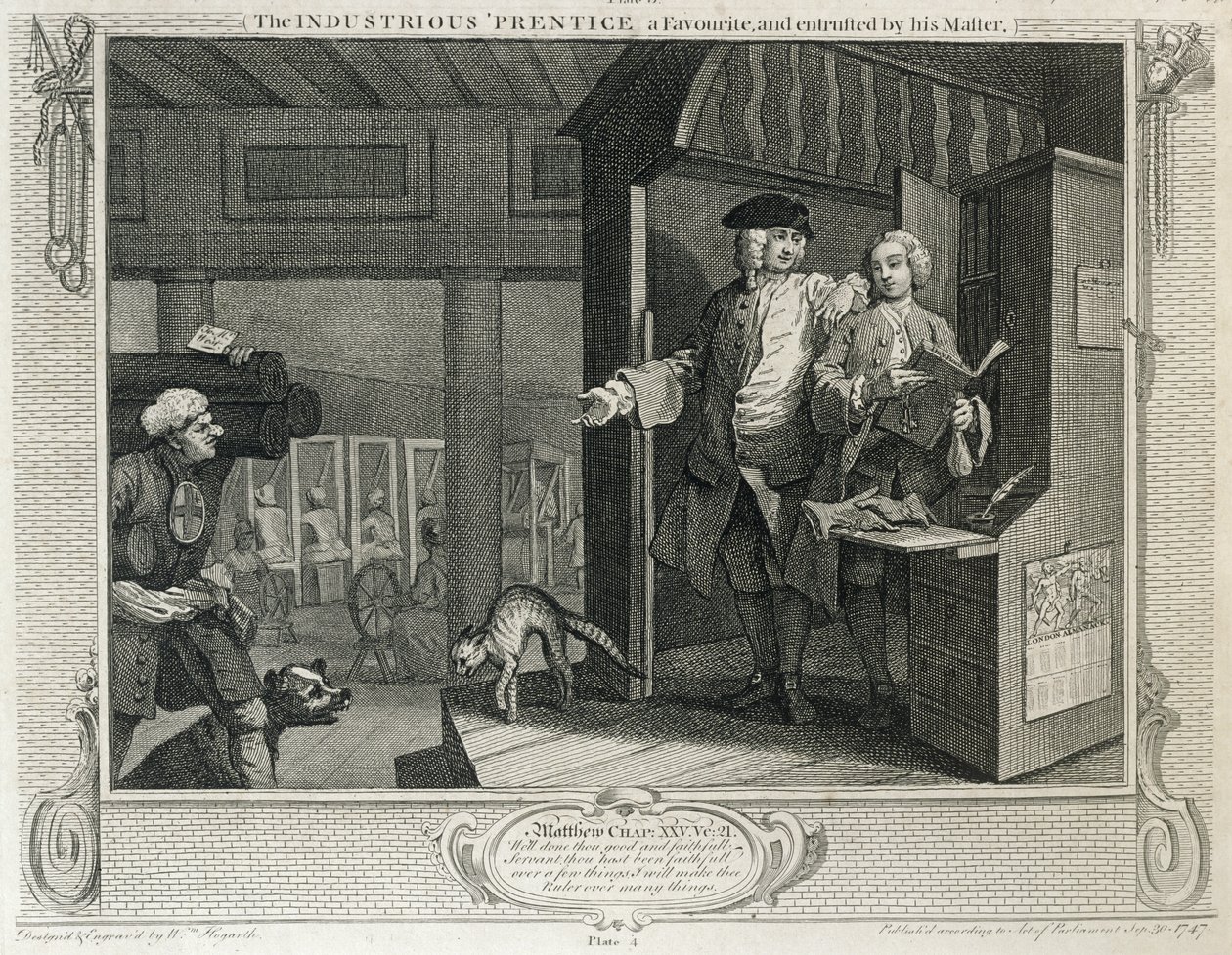 O aprendiz industrioso é um favorito e confiado por seu mestre, prato IV de "Indústria e ociosidade", publicado em 1833 de William Hogarth