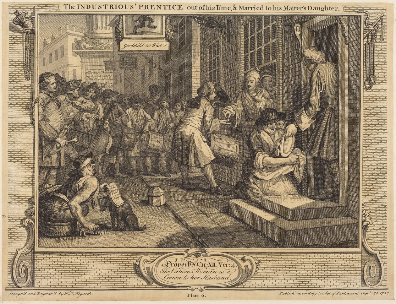 O aprendiz trabalhador que terminou o seu estágio antes do tempo e se casou com a filha do seu mestre de William Hogarth