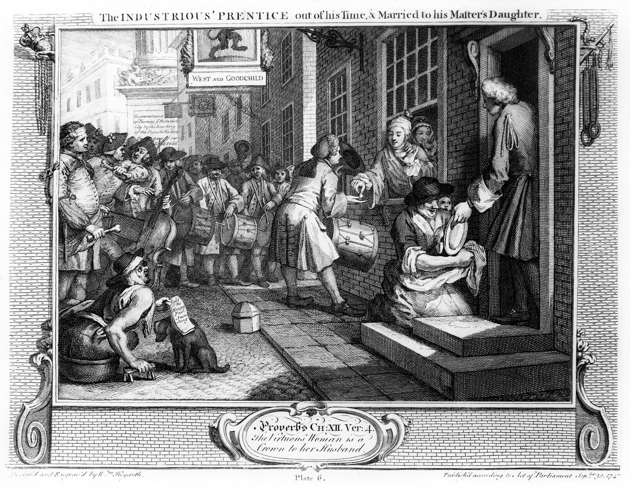 O aprendiz trabalhador de seu tempo e casado com a filha de seu mestre, placa VI de &39;Indústria e ociosidade&39;, 1747 de William Hogarth
