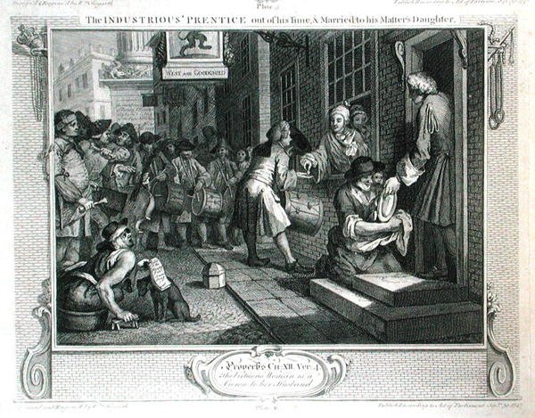 O "Prentice Industrioso do seu Tempo e Casado com a Filha do seu Mestre, placa VI de "Indústria e Ociosidade", publicado em 1833 (gravura) de William Hogarth