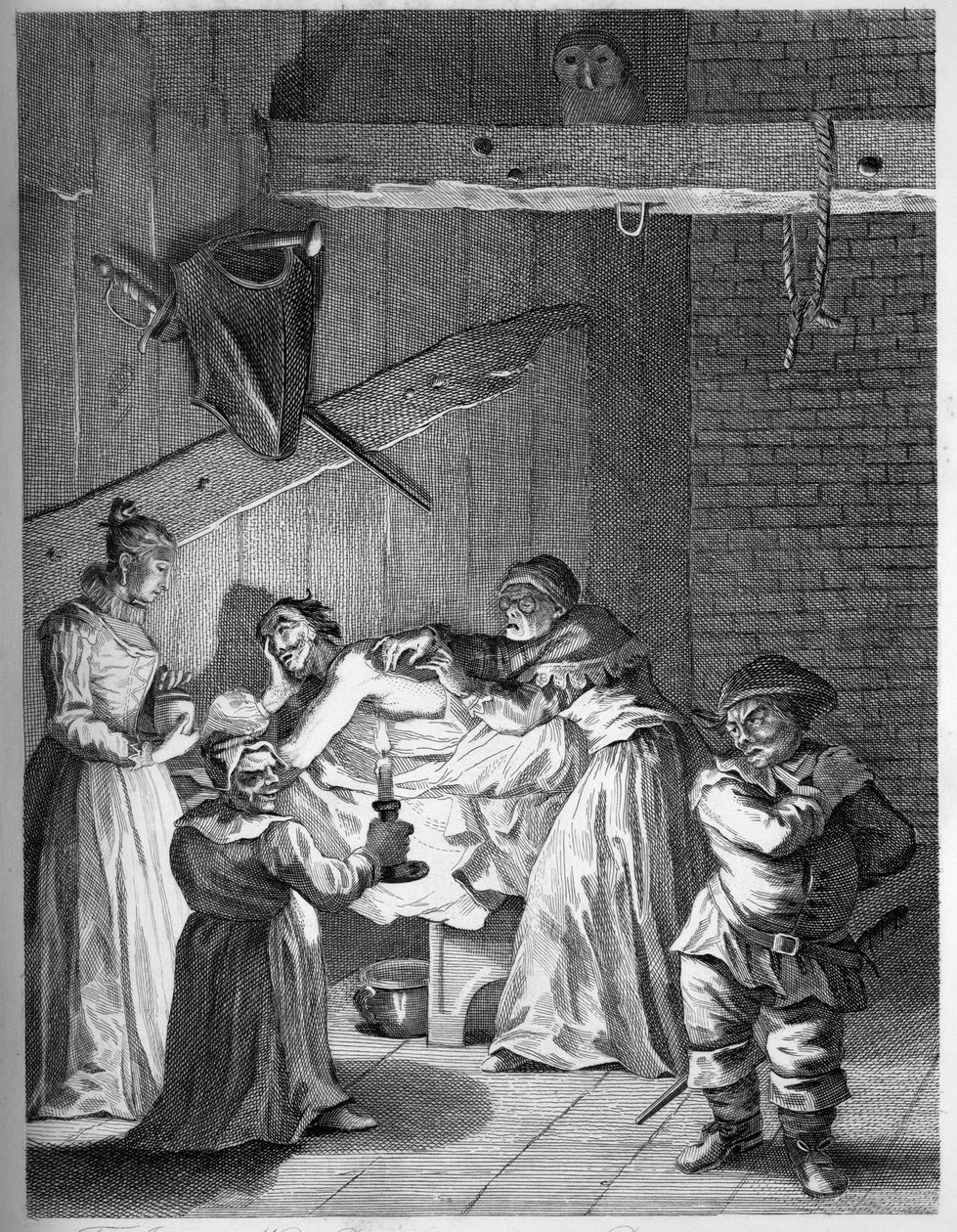 A Inn Keepers esposa e filha cuidando do Don depois de ser espancado e machucado de William Hogarth
