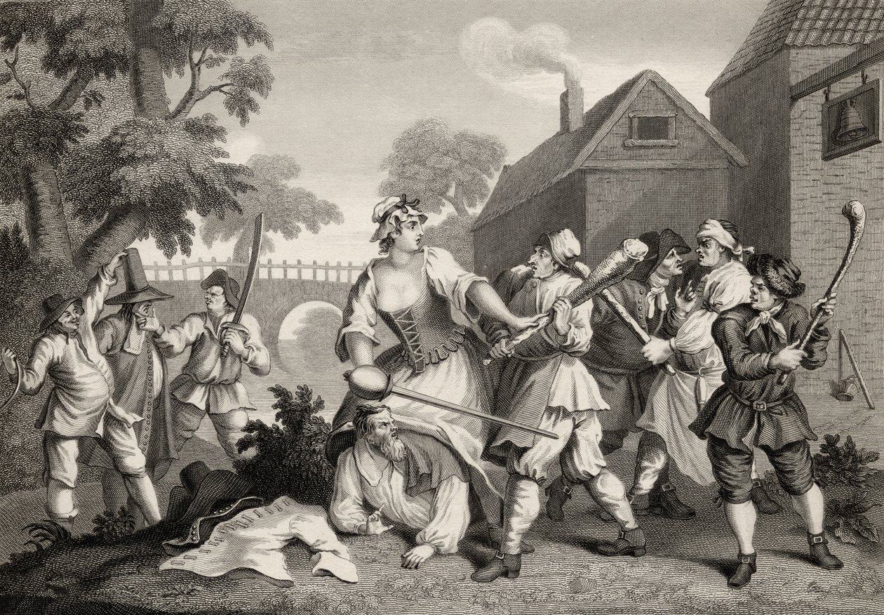 O Cavaleiro Submete a Trulla, de &39;Hudibras&39;, de Samuel Butler (1612-1680), gravado por FF Walker, de &39;The Works of William Hogarth&39;, publicado em 1833. de William Hogarth