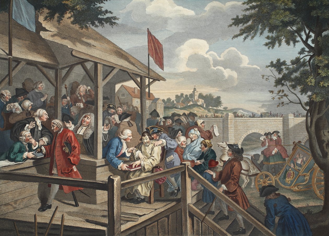 A votação, ilustração de &39;Hogarth restaurado: as obras inteiras do célebre William Hogarth, re-gravado por Thomas Cook&39;, pub. 1812 (gravura colorida à mão) de William Hogarth