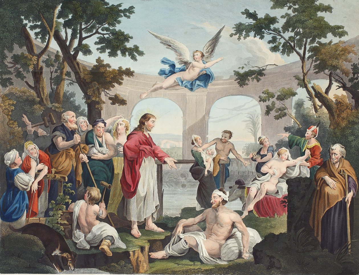 A piscina de Bethesda, ilustração de &39;Hogarth restaurado: as obras inteiras do célebre William Hogarth, re-gravado por Thomas Cook&39;, pub. 1812 (gravura colorida à mão) de William Hogarth