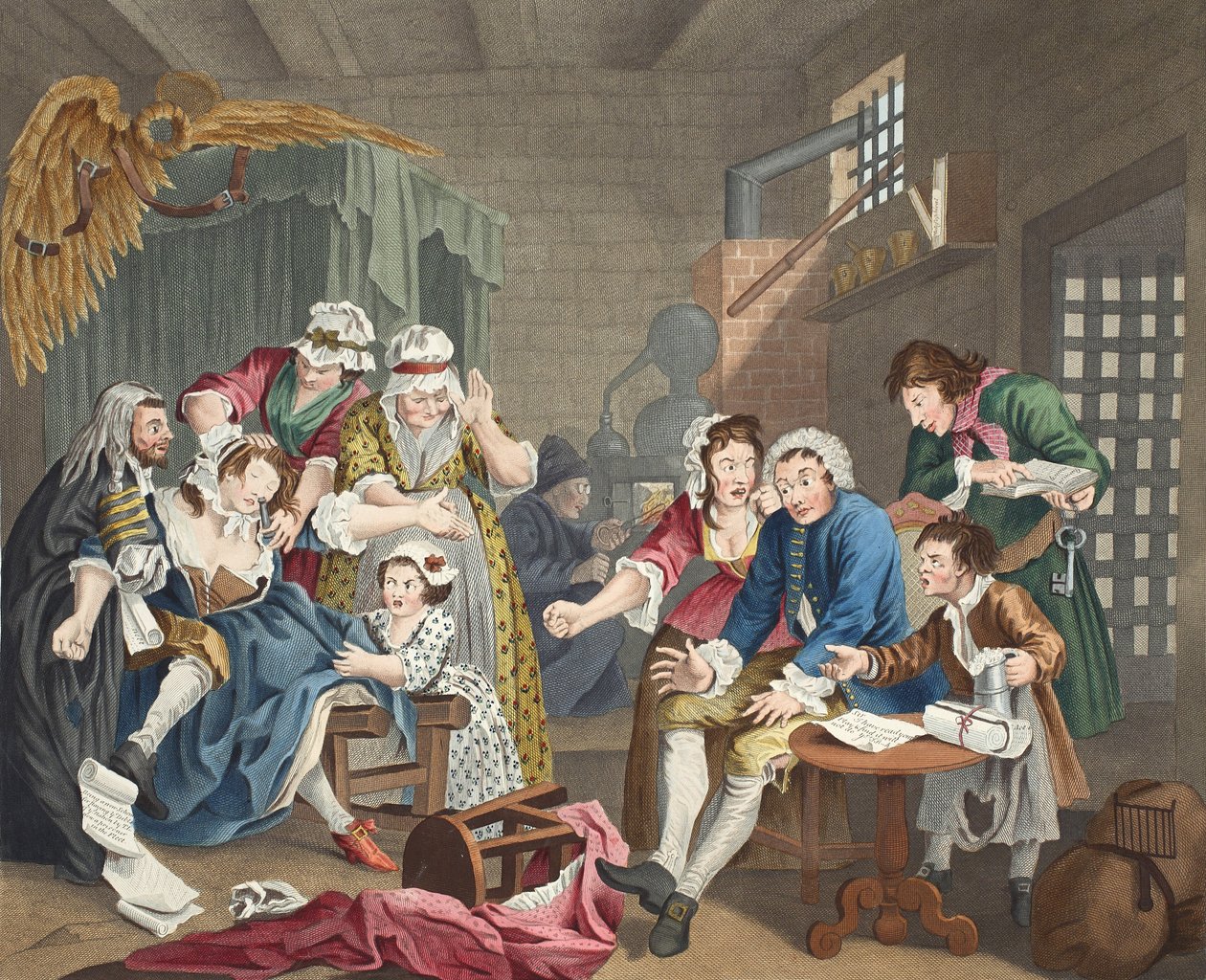 The Rake in Prison, prato VII, de &39;A Rake&39;s Progress&39;, ilustração de &39;Hogarth Restaurado: As Obras Completas do célebre William Hogarth, re-gravado por Thomas Cook&39;, pub. 1812 (colorido à mão e de William Hogarth