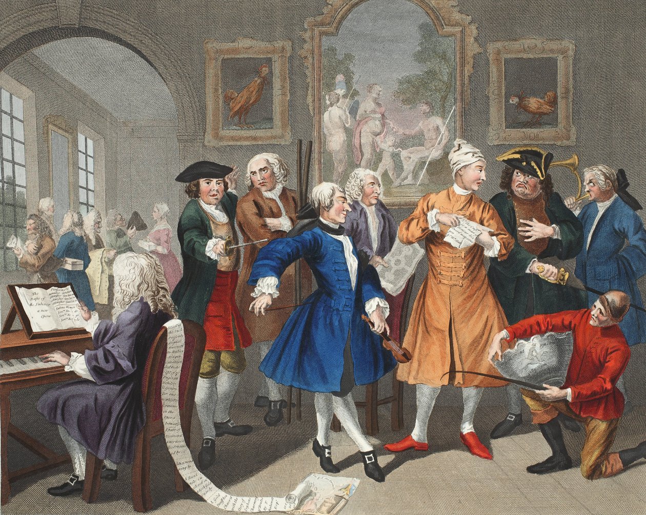 O Rake&39;s Levee, prato II, de &39;A Rake&39;s Progress&39;, ilustração de &39;Hogarth Restaurado: As Obras Completas do célebre William Hogarth, re-gravado por Thomas Cook&39;, pub. 1812 (engr colorido à mão de William Hogarth