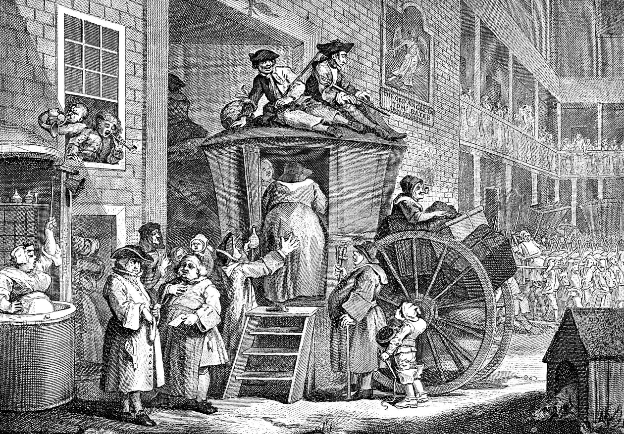 O treinador de palco ou Country Inn Yard, 1747 de William Hogarth