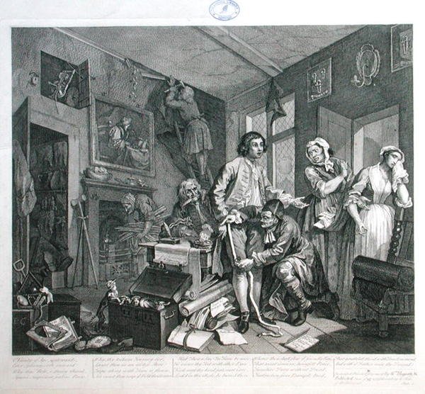 O Jovem Herdeiro Tem a Posse dos Efeitos do Misericordioso, prato I de "O Progresso de um Rake". de William Hogarth
