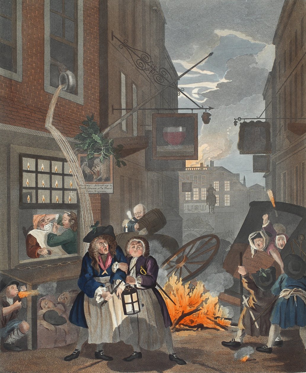 Tempos do dia, noite, ilustração de &39;Hogarth restaurado: as obras inteiras do célebre William Hogarth, re-gravado por Thomas Cook&39;, pub. 1812 (gravura colorida à mão) de William Hogarth