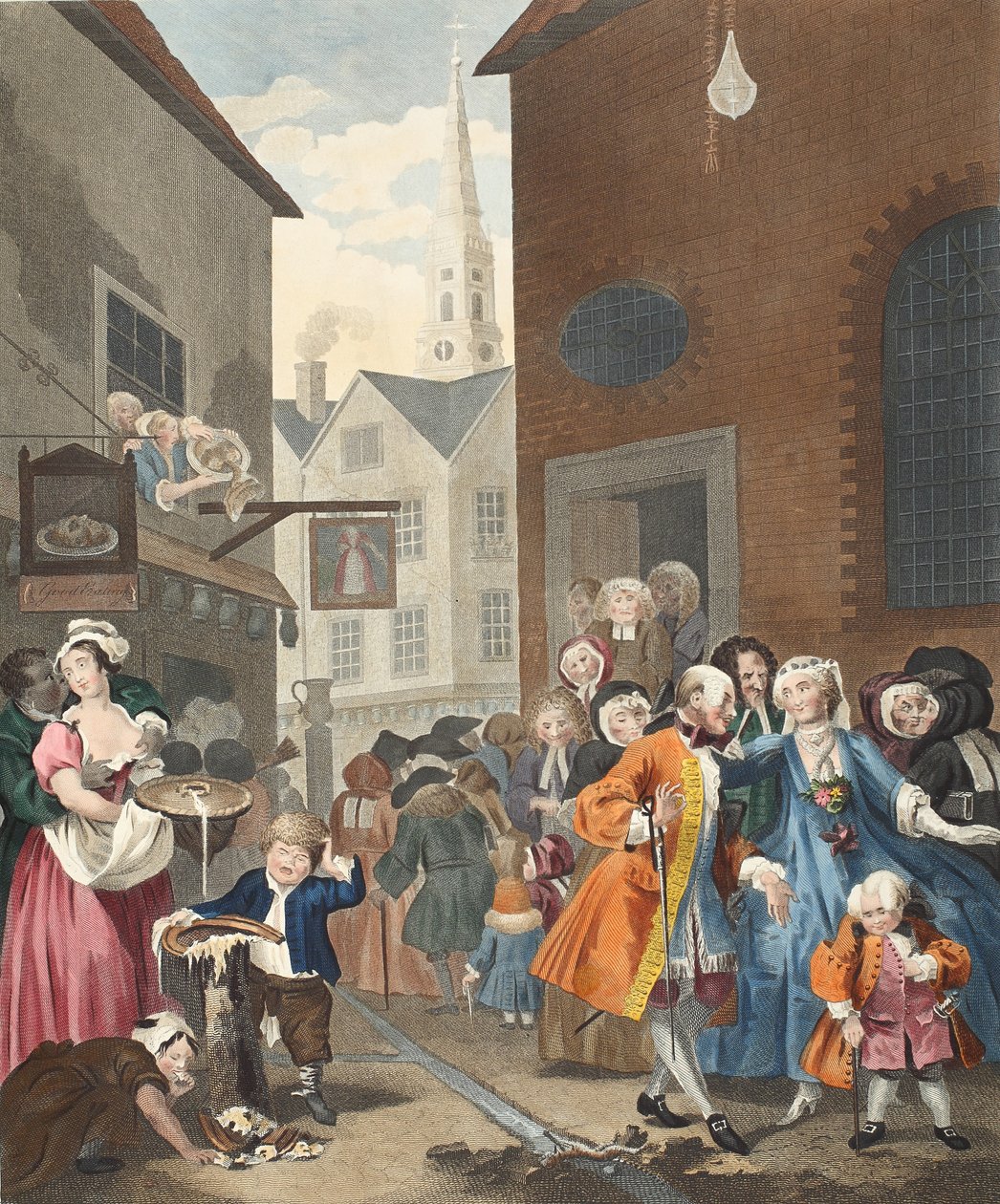 Tempos do dia: Meio-dia, ilustração de &39;Hogarth restaurado: as obras inteiras do célebre William Hogarth, re-gravado por Thomas Cook&39;, pub. 1812 (gravura colorida à mão) de William Hogarth