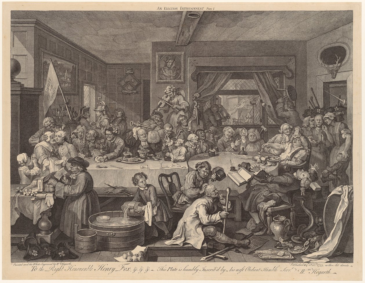 Banquete eleitoral, prancha 1 da série «As eleições» de William Hogarth