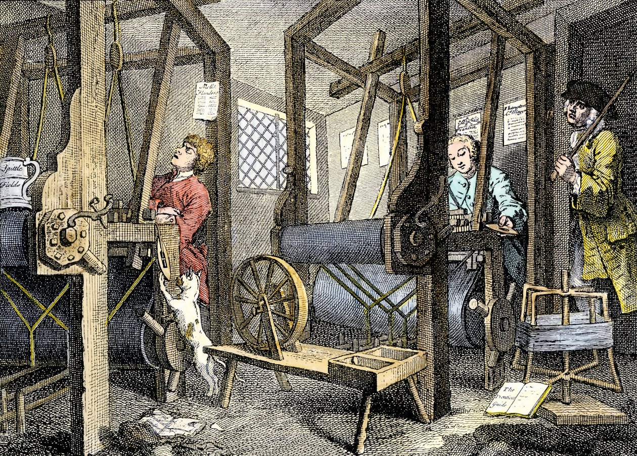 Oficina e trabalhador com material de tecelagem em Spitalfields, Inglaterra de William Hogarth
