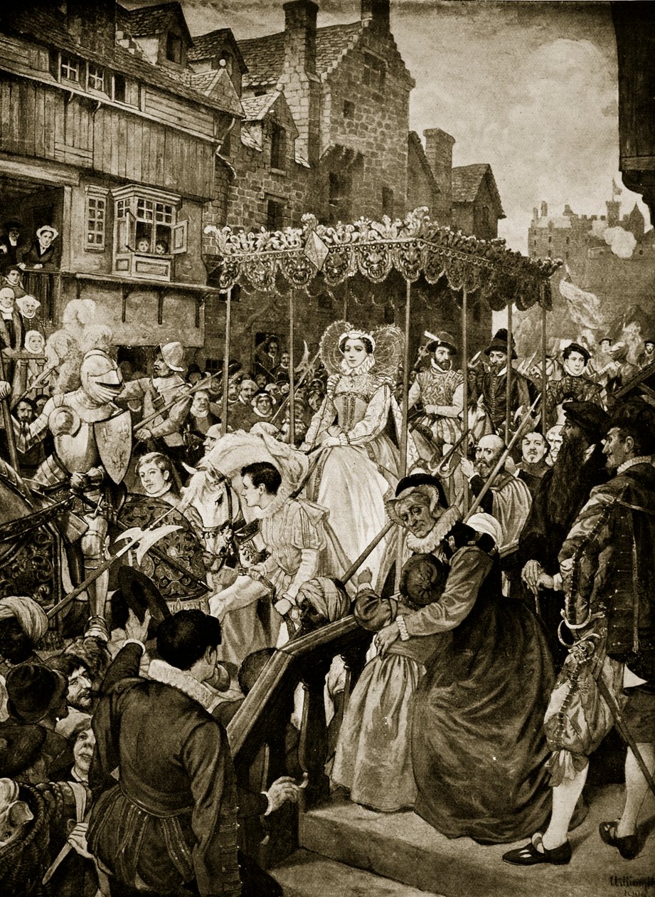 Mary Queen of Scots entra em Edimburgo, 1561, ilustração da "História da nação britânica" de Hutchinson, c.1923 de William Hole