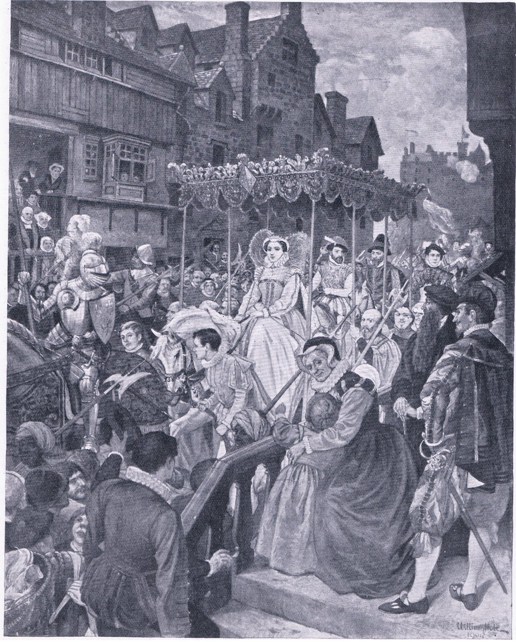 A entrada estatal da Rainha Maria em Edimburgo 1561, de Cassells History of the British People publicado pela Waverley Book Company, c.1950