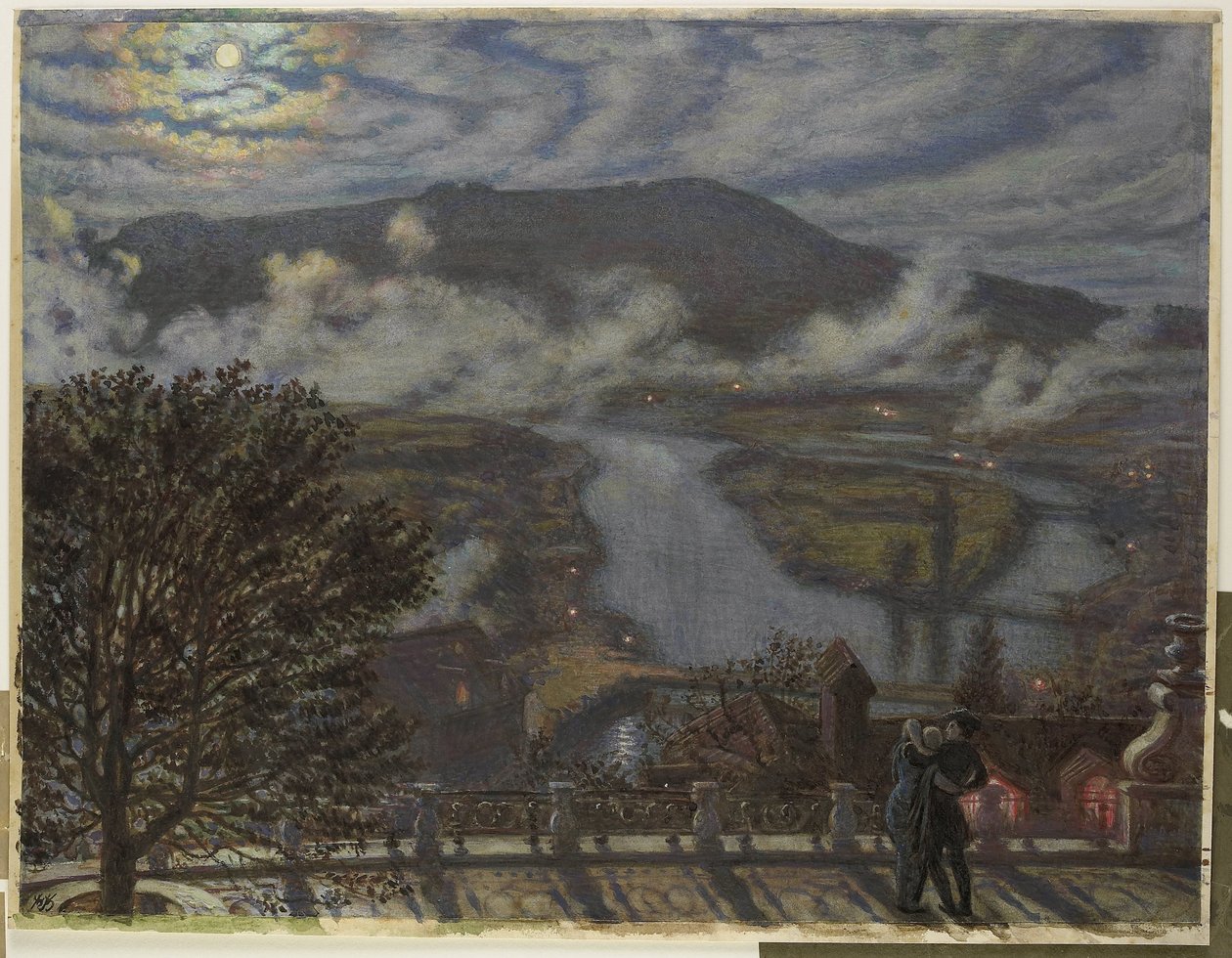 Vista do terraço sobre a paisagem fluvial à noite
The Terrace, Berna (título sobre o objecto) de William Holman Hunt