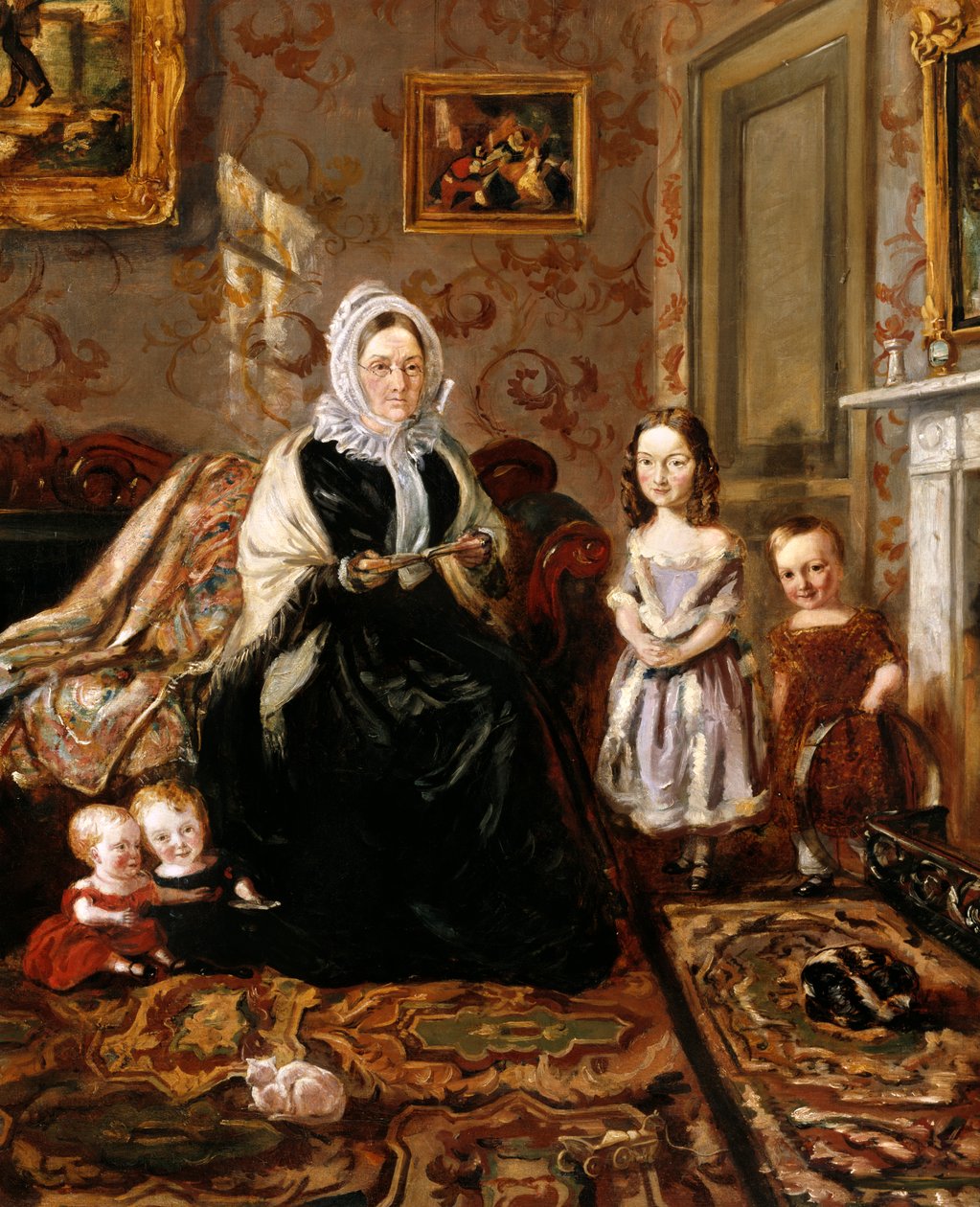 Retrato de grupo da sogra de Henry Clark, a sra. Davies, e quatro de seus filhos na sala de estar de sua casa, 186 High Street, Homerton, c. de William Holman Hunt