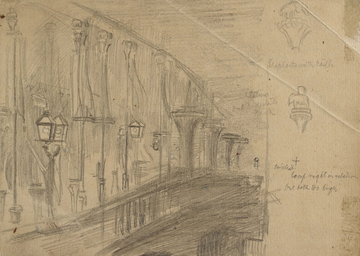 Recto: Estudo da Ponte de Londres para &39;London Bridge on the Night of the Marriage of the Prince and Princes of Wales&39;, 1863 (grafite sobre papel brilhante) de William Holman Hunt
