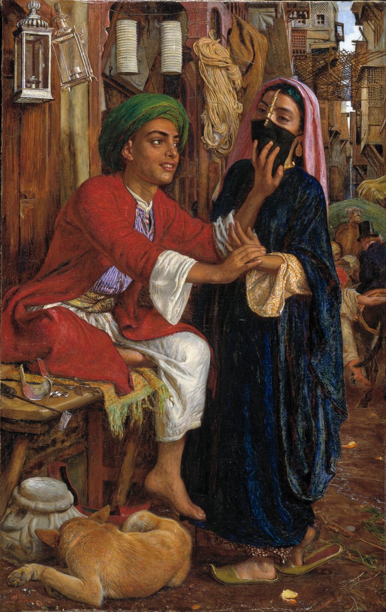 Cena de rua no Cairo: O namoro do fabricante de lanternas de William Holman Hunt