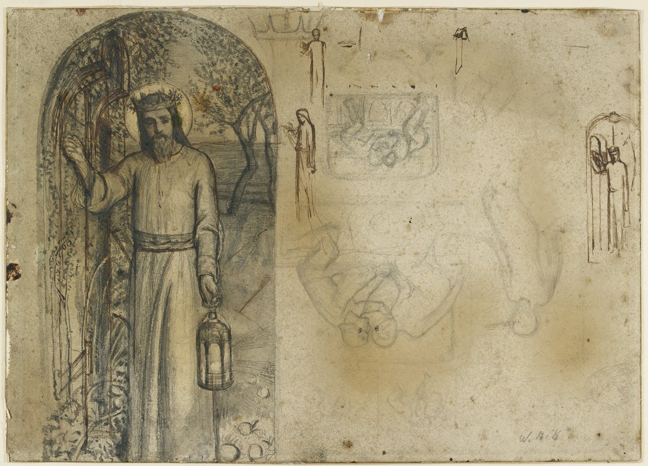 Estudos para &39;A Luz do Mundo&39; (braphite com caneta e tinta marrom sobre papel branco) de William Holman Hunt