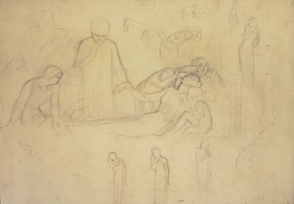 Estudos para as figuras do Doutor, das Lamentadoras e da Minerva de William Holman Hunt