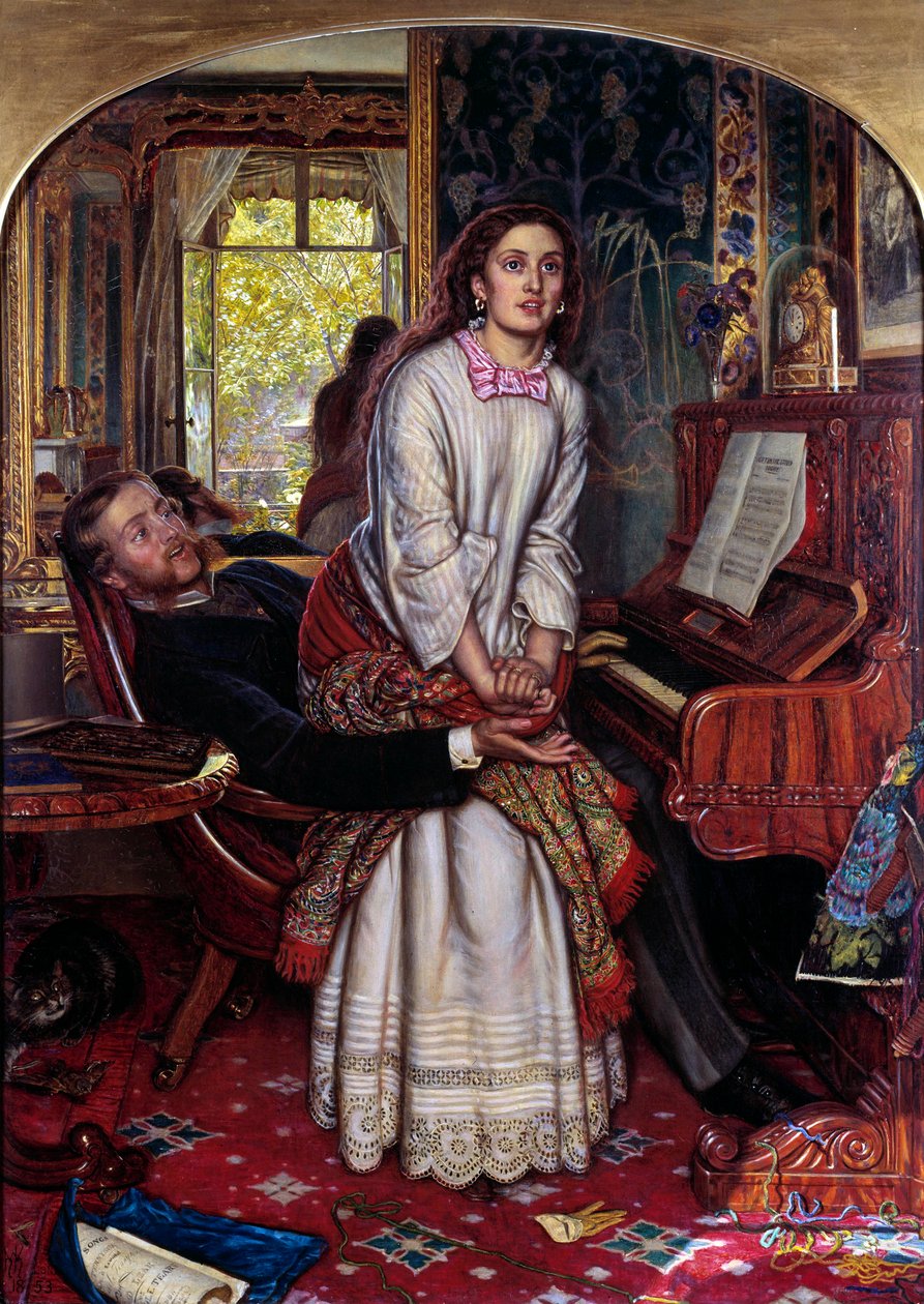 A Consciência Desperta Uma jovem mulher em pecado salta subitamente, atormentada pela revelação espiritual, procurando escapar dos braços do seu amante. Pintura de William Holman Hunt (1827-1910) de William Holman Hunt