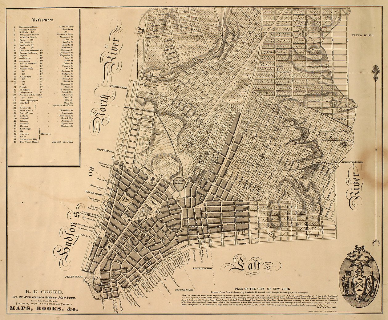 Plano da cidade de Nova York [até o extremo norte da East 31st Street], 1817 (tinta preta sobre papel, apoiada em tecido) de William Hooker