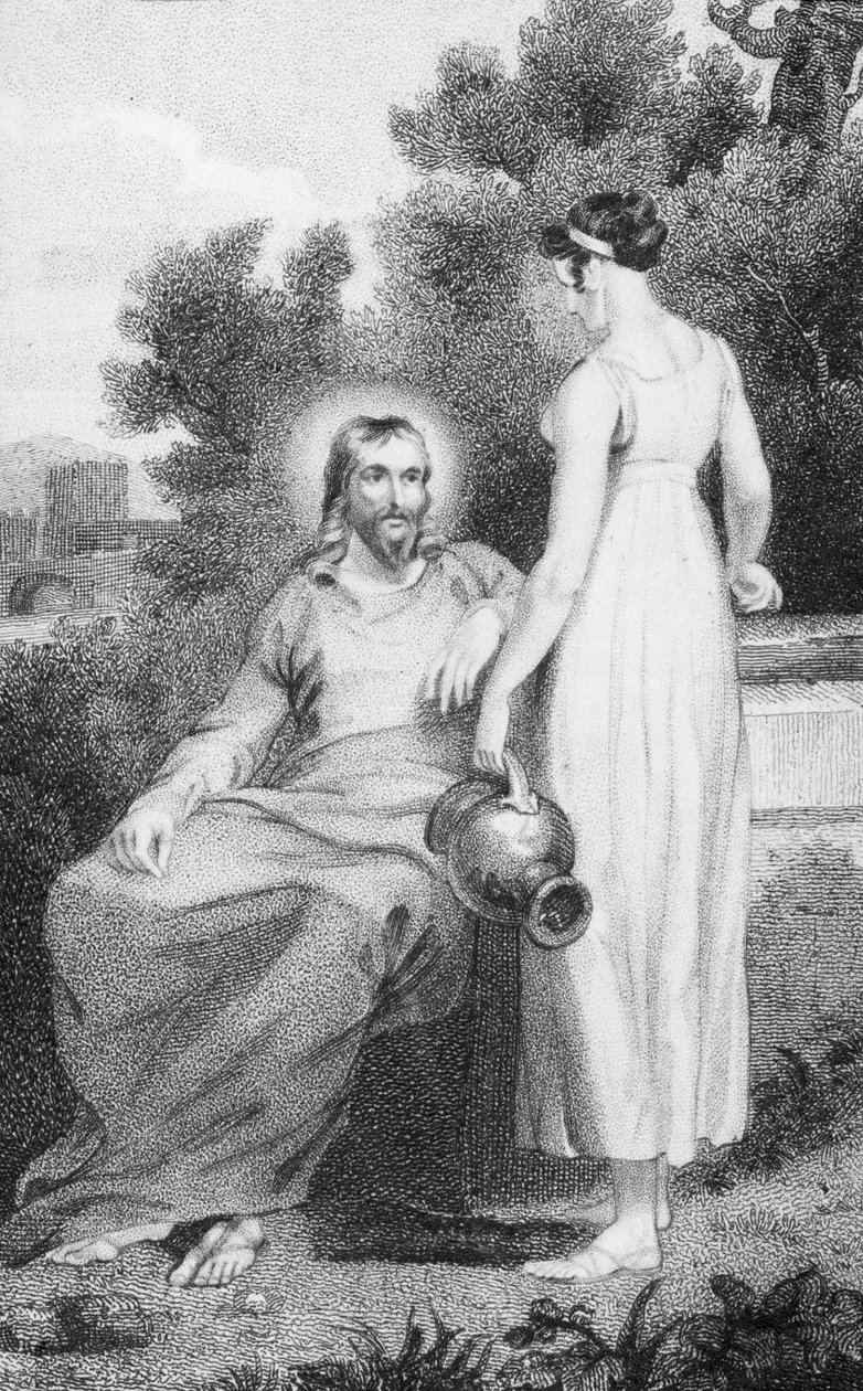 Cristo e a Mulher de Samaria, de &39;A História e Vida de Nosso Abençoado Senhor e Salvador Jesus Cristo&39;, pelo Reverendo J. Milner, publicado por B. Crosby, 1808 de William Hopwood