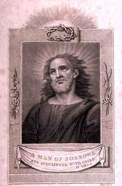 Cabeça de Cristo, de "A História e Vida de Nosso Senhor e Salvador Jesus Cristo", do Reverendo J. Milner, publicado por B. Crosby de William Hopwood