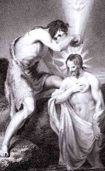 São João Baptizando Cristo, de "A História e Vida de Nosso Senhor e Salvador Jesus Cristo", do Reverendo J. Milner, publicado por B. Crosby de William Hopwood