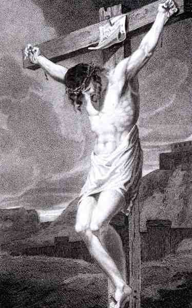 A Crucificação, de "A História e a Vida de Nosso Senhor e Salvador Jesus Cristo", do Reverendo J. Milner, publicado por B. Crosby de William Hopwood
