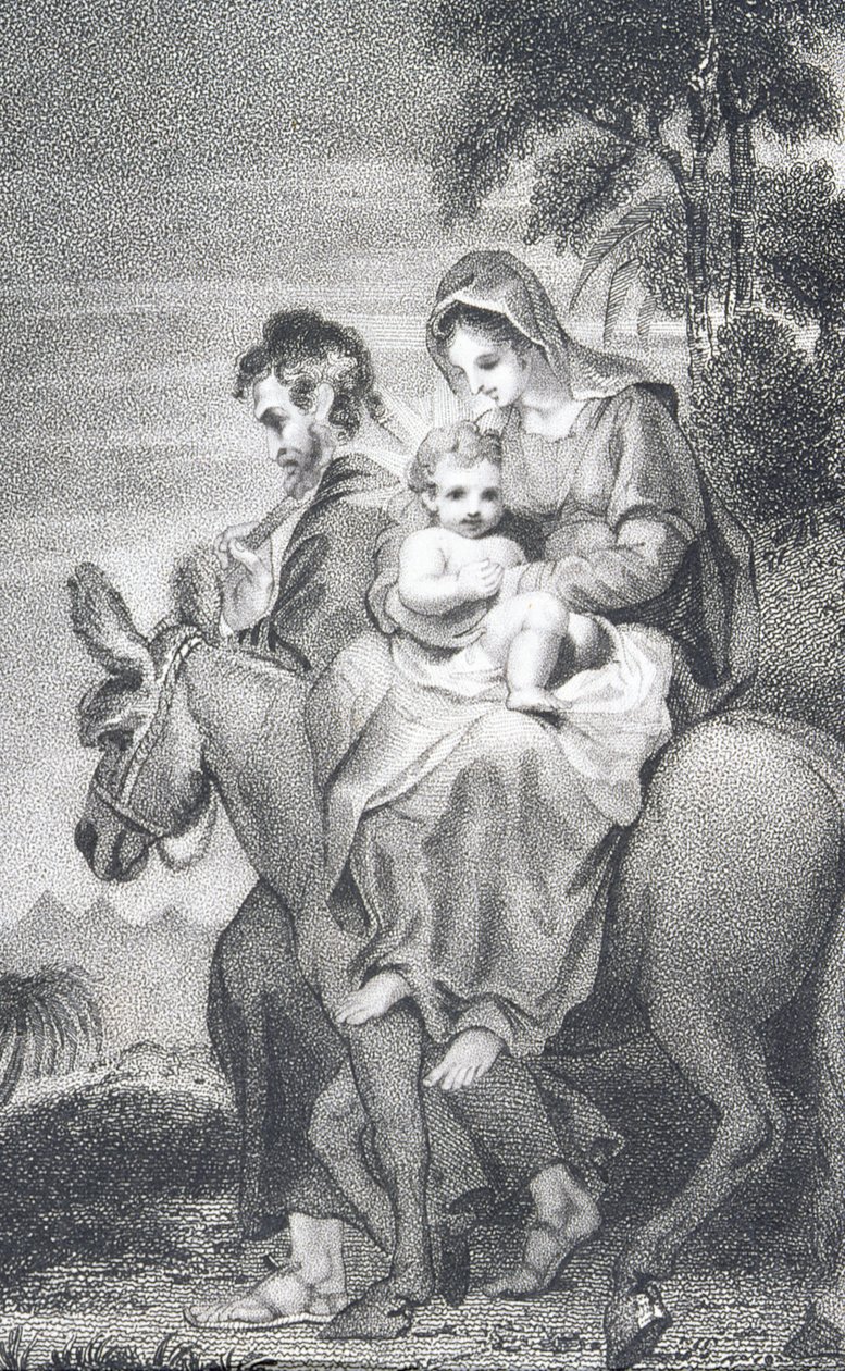A fuga para o Egito, de "A História e a Vida de Nosso Abençoado Senhor e Salvador Jesus Cristo", do Reverendo J. Milner, publicado por B. Crosby, 1808 de William Hopwood