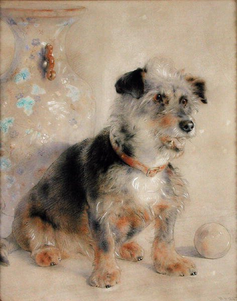 Terrier sentado diante de um Canton Famille Rose Vase de William Huggins