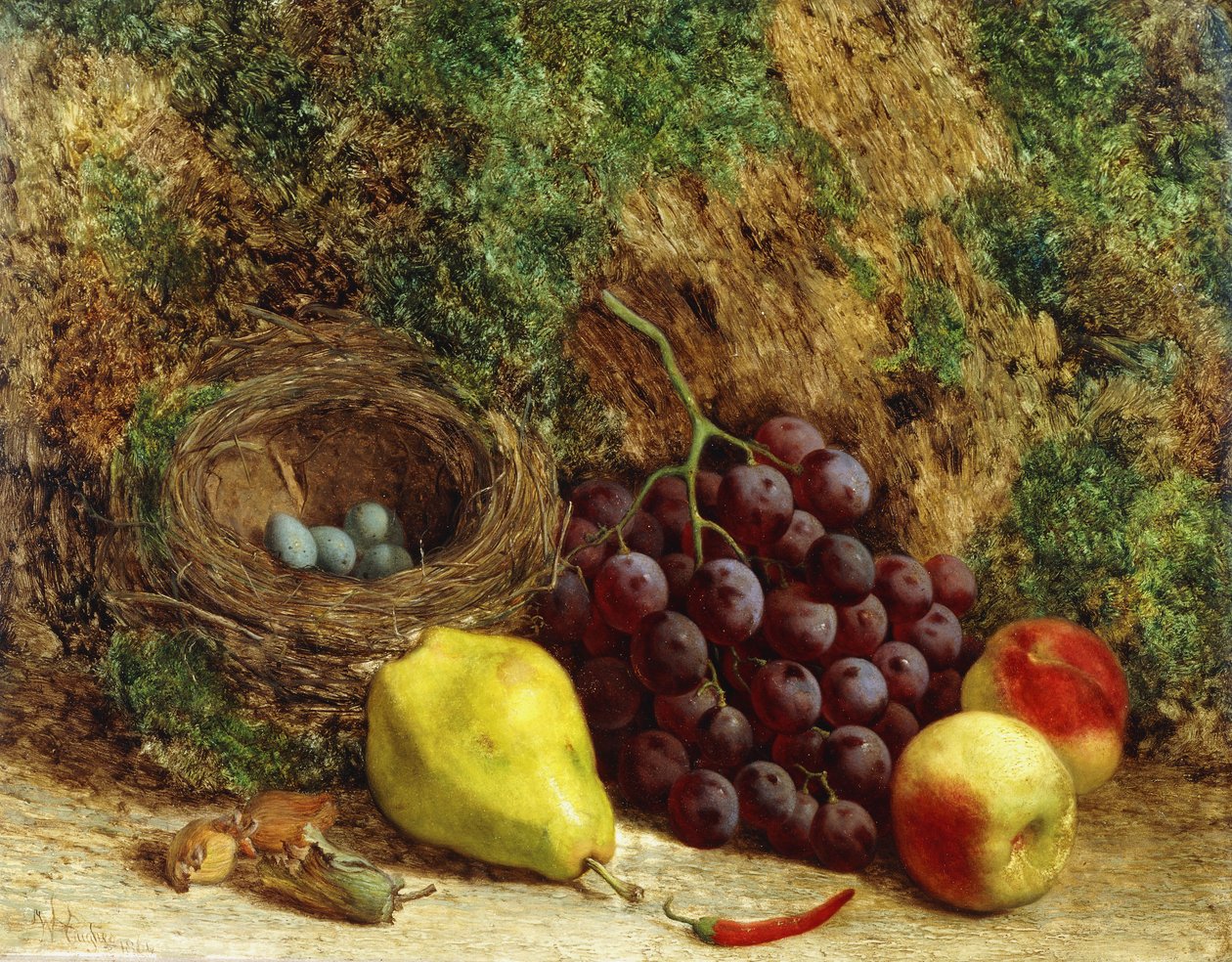 Uvas, pêra, pêssegos e ninho de pássaro em um banco coberto de musgo, 1864 de William Hughes