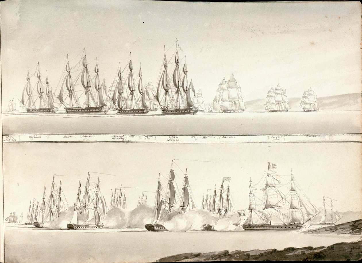 Diferentes modos de pintar a linha de navios de guerra, início do século XIX (caneta, lavagem a cinzento) de William Innes Pocock