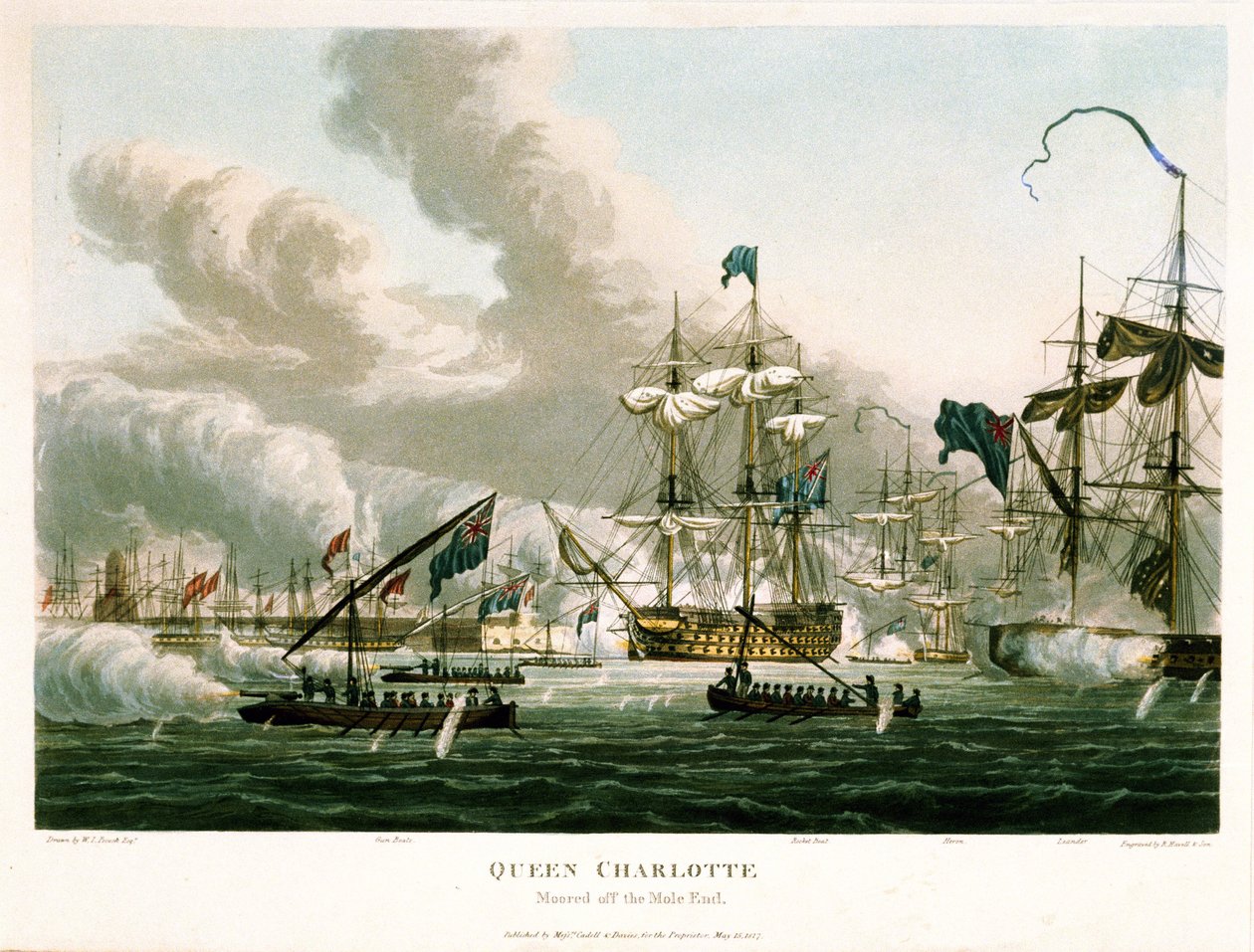O "Queen Charlotte" atracado ao largo do Mole durante o bombardeamento de Argel (Argélia), em 27 de agosto de 1816. Gravura a cores, 15 de maio de William Innes Pocock