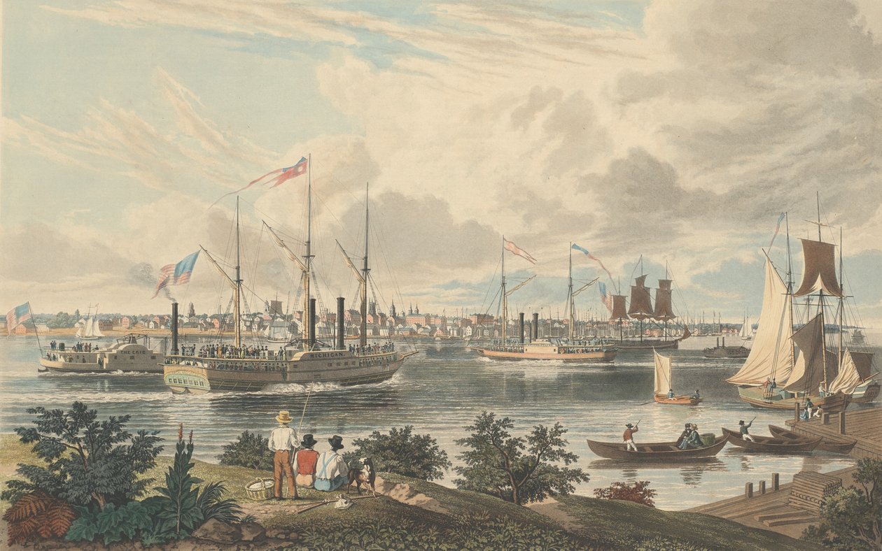Cidade de Detroit, Michigan: Tirada da costa do Canadá, perto do Ferry, publicada em 1837. de William James Bennett