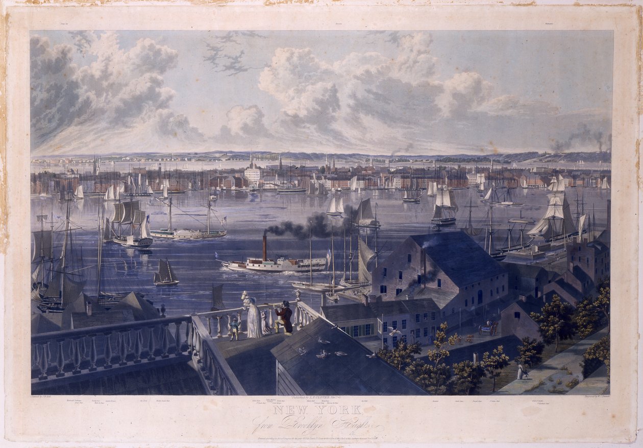 Nova York de Brooklyn Heights, 1837 (gravura colorida à mão e aquatinta) de William James Bennett