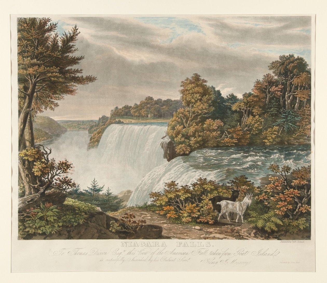 Cataratas do Niágara. A Thomas Dixon Esq. é respeitosamente dedicada esta vista da catarata americana, tirada de Goat Island de William James Bennett