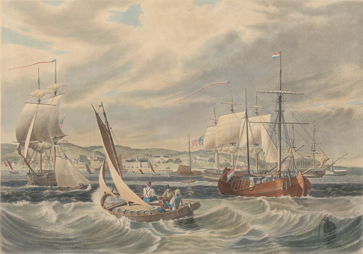 Vista da Quarentena de Nova Iorque, Staten Island, publicada em 1833. de William James Bennett