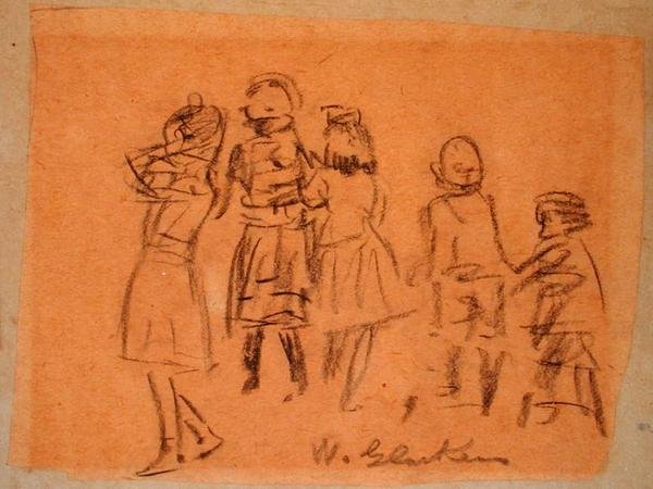 Cinco crianças (giz preto sobre papel) de William James Glackens
