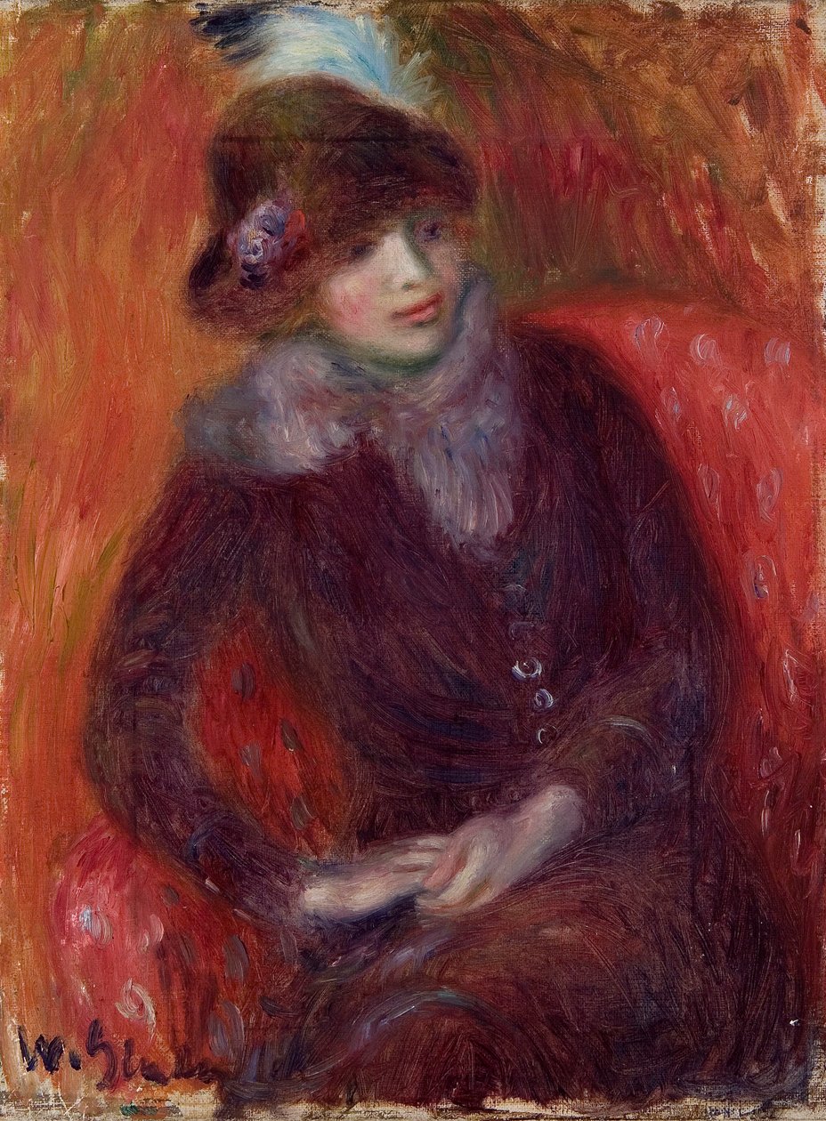 Mulher sentada com gola de pele e fundo vermelho de William James Glackens