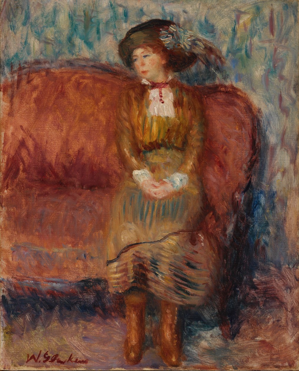 Mulher sentada no sofá vermelho de William James Glackens