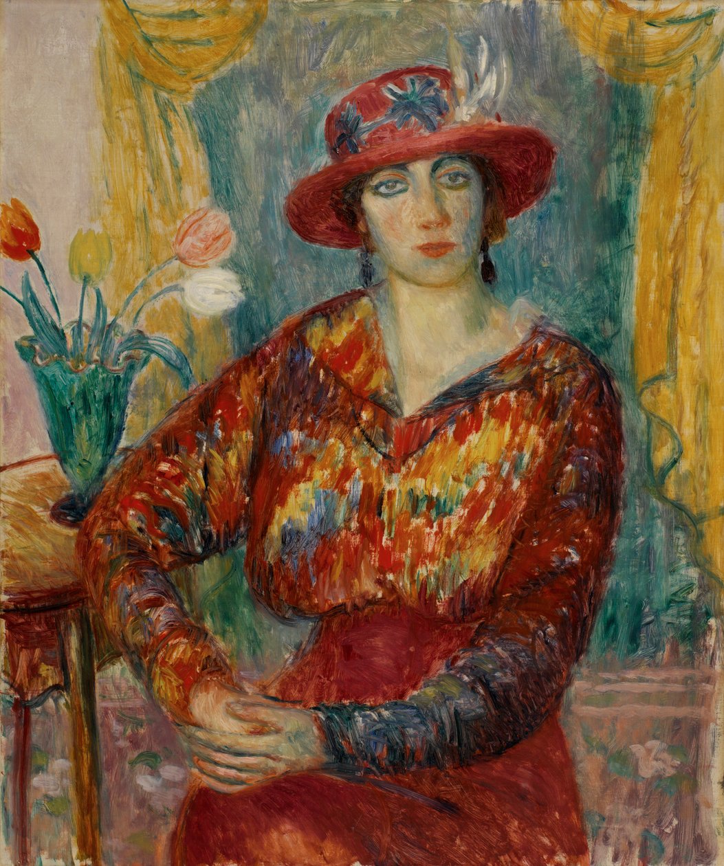 Mulher de Blusa Vermelha com Túlipas de William James Glackens