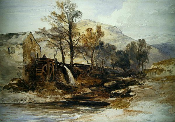 Um moinho de água no norte do País de Gales (aguarela sobre papel) de William James Muller