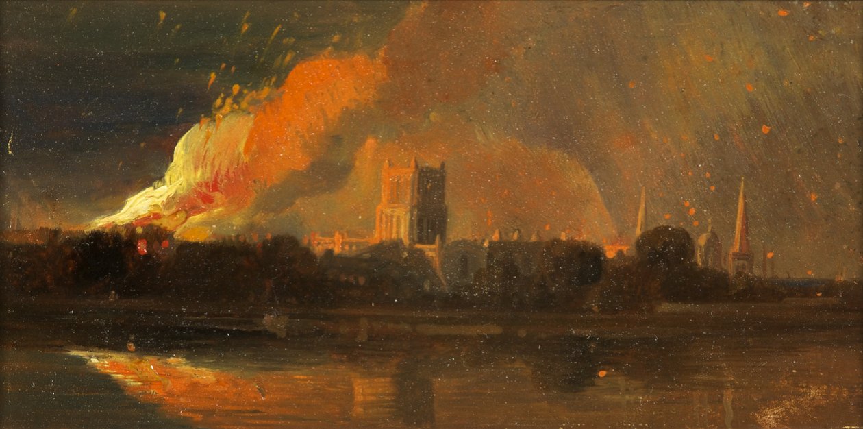 Tumultos de Bristol: a queima do palácio do bispo, c.1831 (óleo sobre papel) de William James Muller