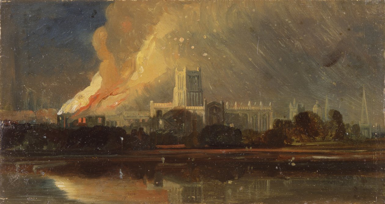Tumultos de Bristol: a queima do palácio do bispo, c.1831 (óleo sobre papel) de William James Muller