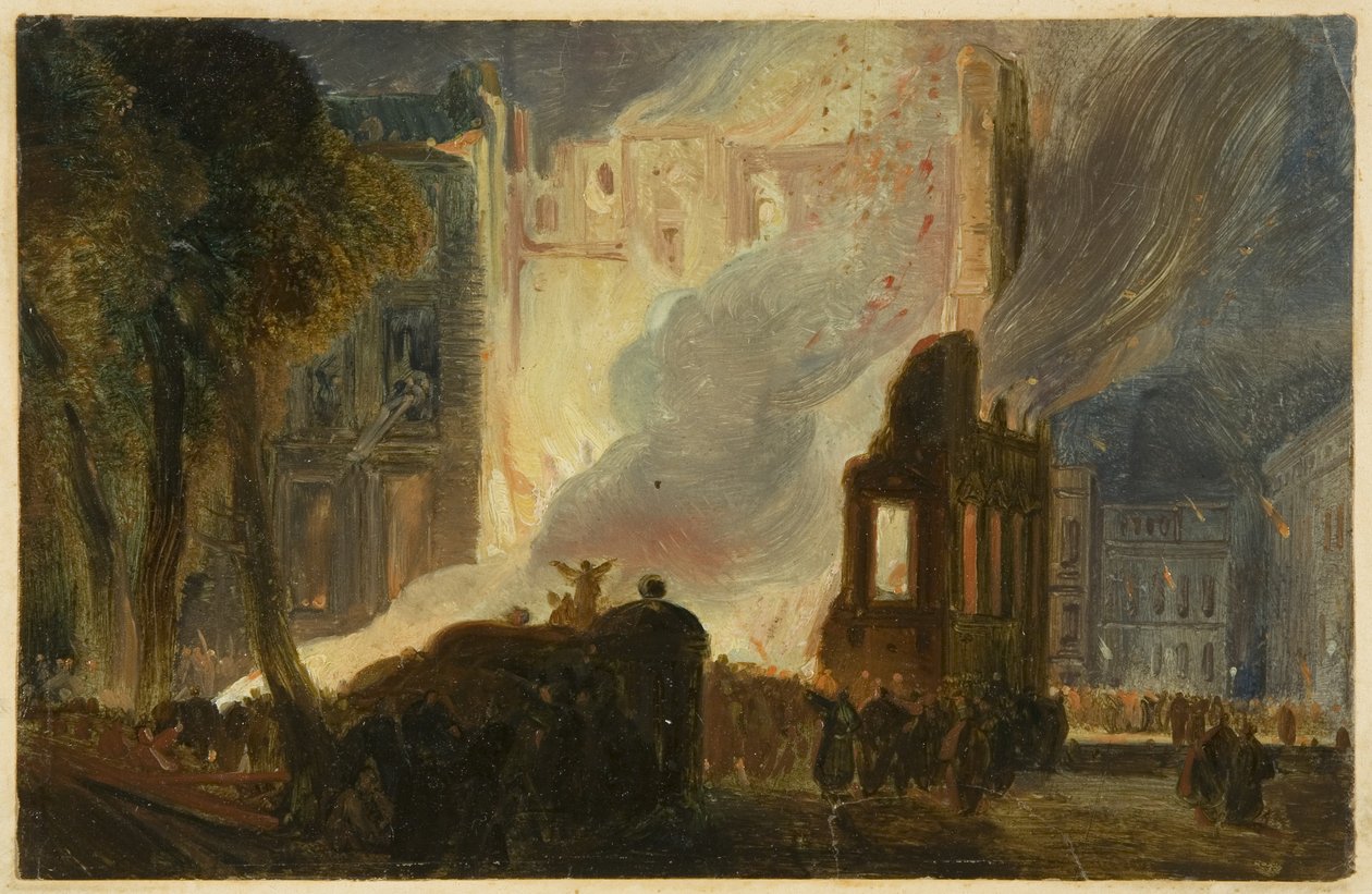 Tumultos de Bristol: o incêndio da mansão, Queen Square, c.1831 (óleo sobre papel) de William James Muller