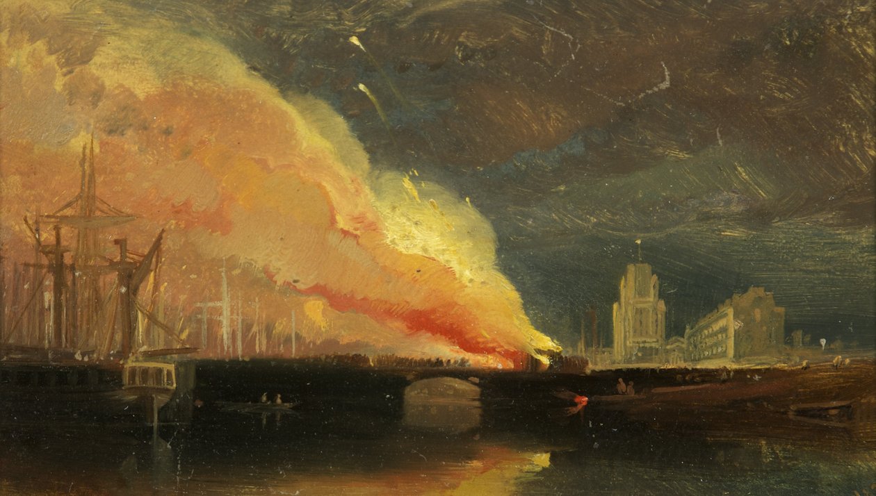 Tumultos de Bristol: o incêndio das casas de pedágio na Prince Street Bridge com St Mary Redcliffe de William James Muller