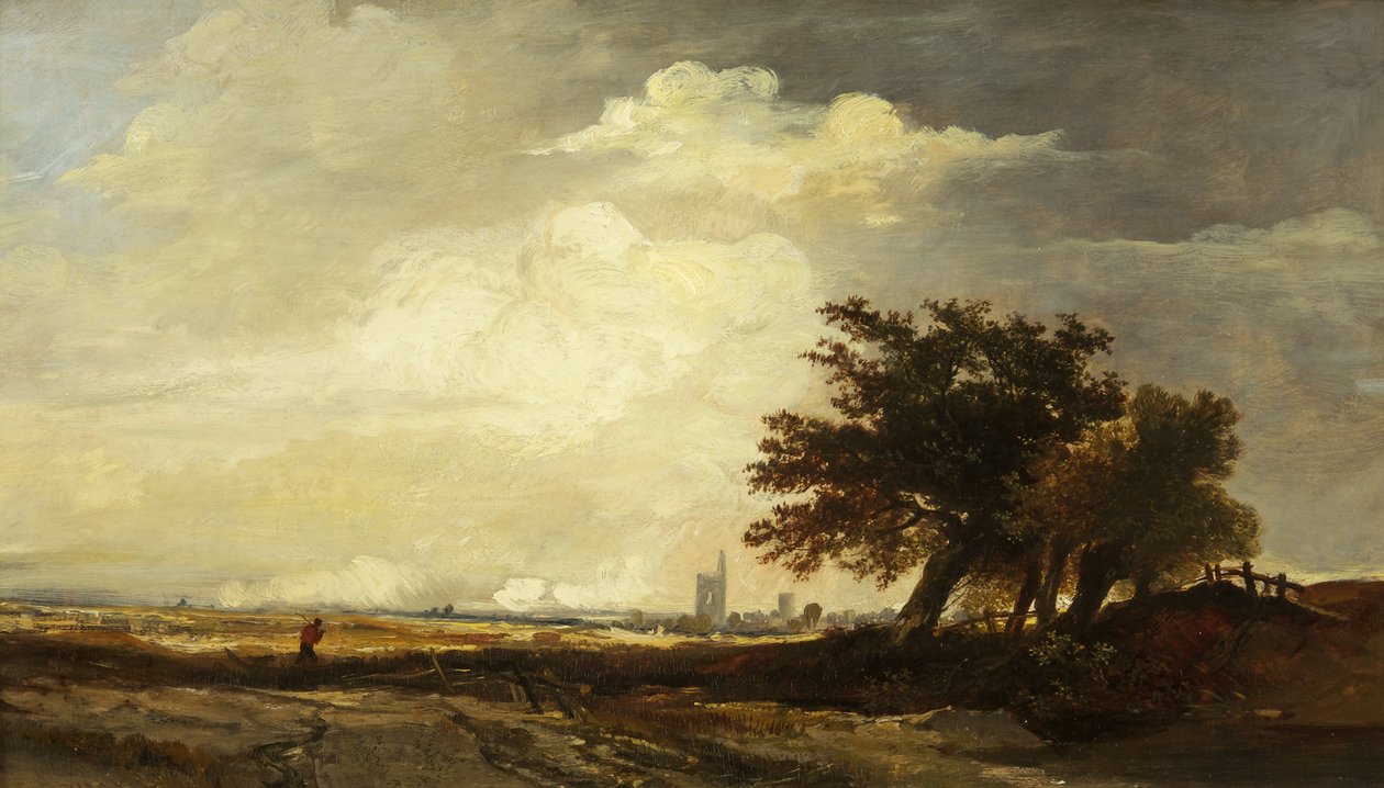 Paisagem com Igreja, c.1839 (óleo no painel) de William James Muller